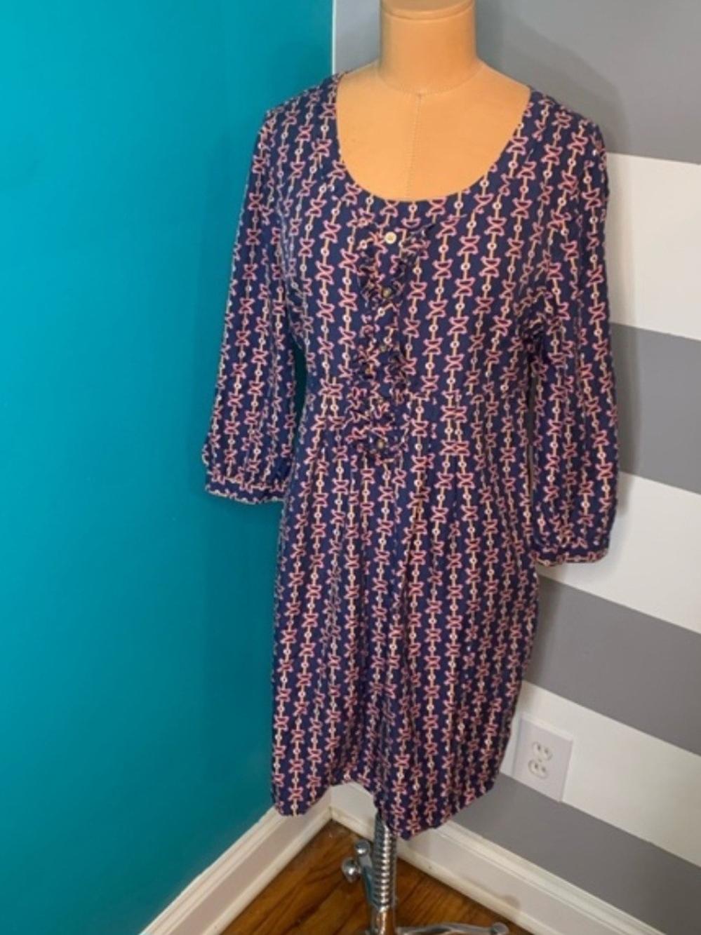 Lilly Pulitzer Navy Dress with Pink Link Print, Long Sleeves